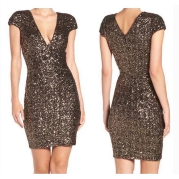 Dress the Population Bronze Sequins Zoe Bodycon Brown Vneck Cap Sleeve Mini XS - Picture 1 of 5